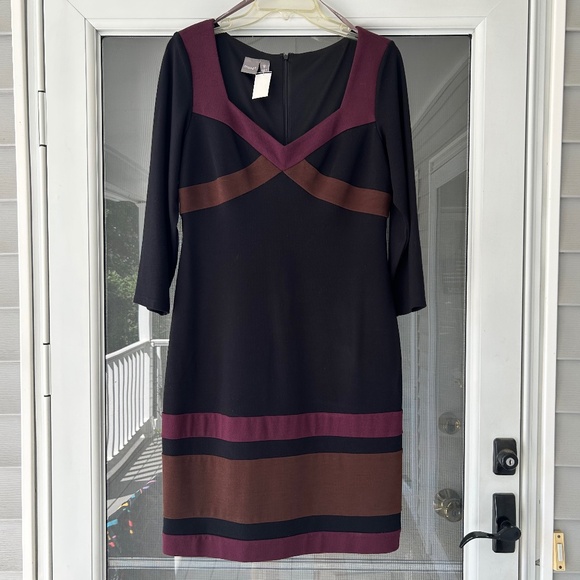 Muse Knit Black Dress Contrast Insets Bust and Hem Fall Colors Size 12 NWT - Picture 1 of 11